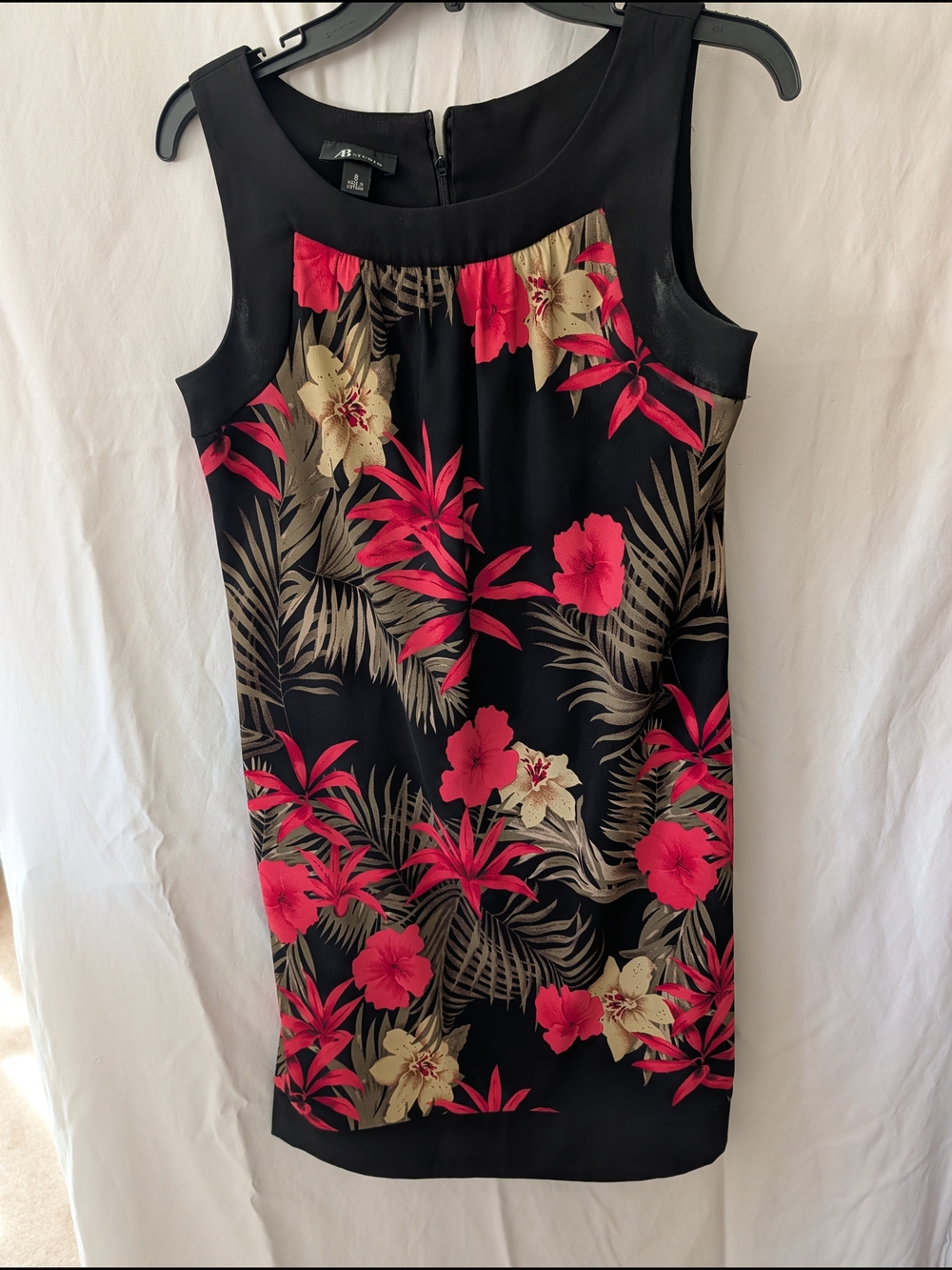 AB Studio Black Midi Dress with Pink & Cream Tropical Print